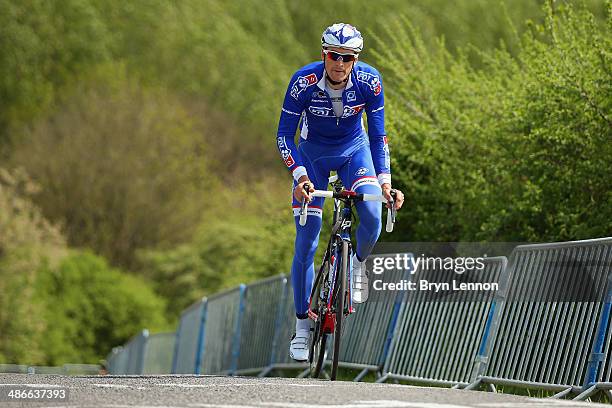 Anthony Roux of France and FDJ.fr rides up La Redoute during training for the 100th edition of the Liege-Bastogne-Liege road race on April 25, 2014...