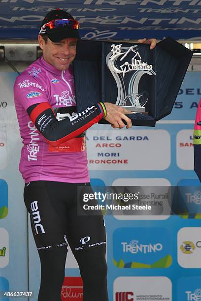 Cadel Evans of Australia and BMC Racing Team holds aloft the winners trophy after stage four of the Giro del Trentino from Val Daone to Monte Bondone...