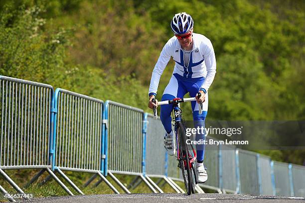 Finish Champion Jussi Veikkanen of FDJ.fr rides up La Redoute during training for the 100th edition of the Liege-Bastogne-Liege road race on April...