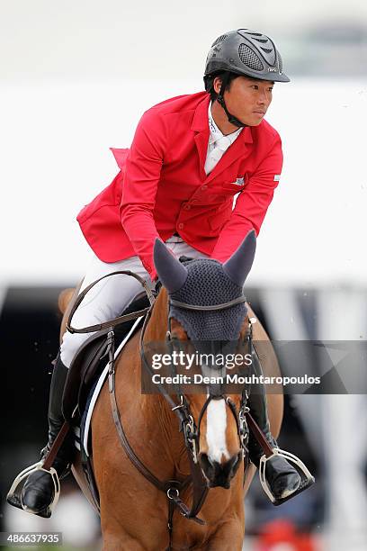 Taizo Sugitani of Japan on Avenzio 3 competes in the CSI4* Table A against the clock during day 2 of the Longines Global Champions Tour of Antwerp at...