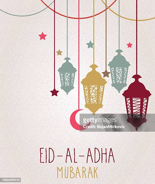 stockillustraties, clipart, cartoons en iconen met eid al adha mubarak greeting card. hanging colorful lantern - eid mubarak
