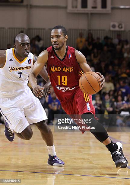 Ron Howard of the Fort Wayne Mad Ants dribbles the ball against the Santa Cruz Warriors during game 1 of the D-League Finals on April 24, 2014 at...