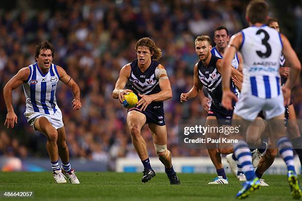 Nathan Fyfe of the Dockers looks to pass the ball during the round six AFL match between the Fremantle Dockers and the North Melbourne Kangaroos at...