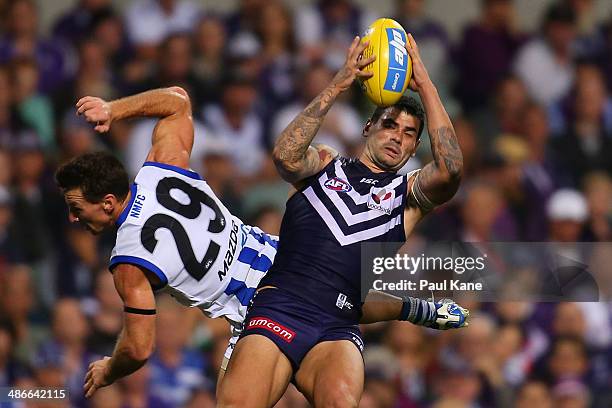 Clancee Pearce of the Dockers marks the ball against Brent Harvey of the Kangaroos during the round six AFL match between the Fremantle Dockers and...