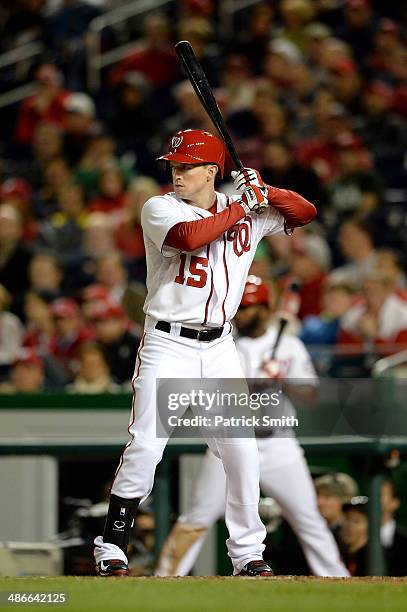 Nate McLouth of the Washington Nationals bats against the San Diego Padres at Nationals Park on April 24, 2014 in Washington, DC. The San Diego...