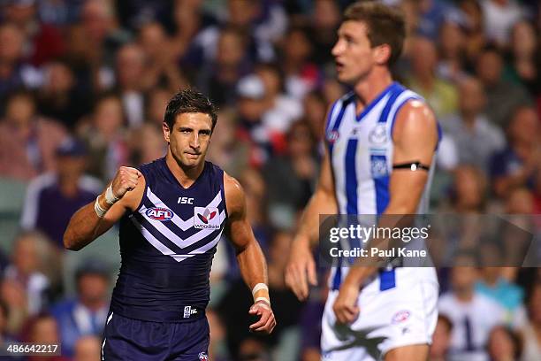 Matthew Pavlich of the Dockers celebrates a goal during the round six AFL match between the Fremantle Dockers and the North Melbourne Kangaroos at...