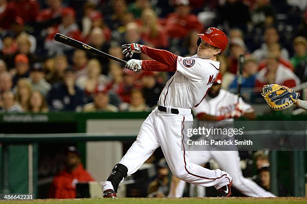 Nate McLouth of the Washington Nationals bats against the San Diego Padres at Nationals Park on April 24, 2014 in Washington, DC. The San Diego...