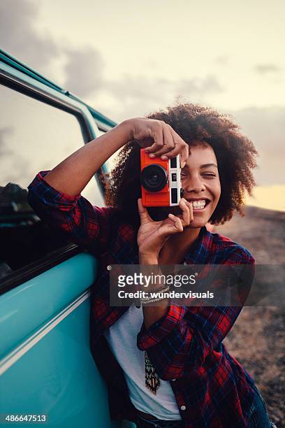 girl with retro camera - girl camera bildbanksfoton och bilder