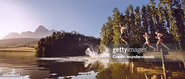 jumping into the water from a jetty - group-of-friends-jumping-off-dock-into-lake stock pictures, royalty-free photos & images