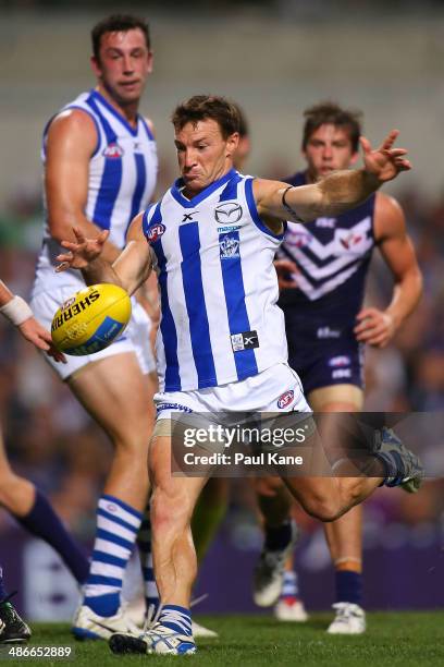 Brent Harvey of the Kangaroos has a shot on goal during the round six AFL match between the Fremantle Dockers and the North Melbourne Kangaroos at...