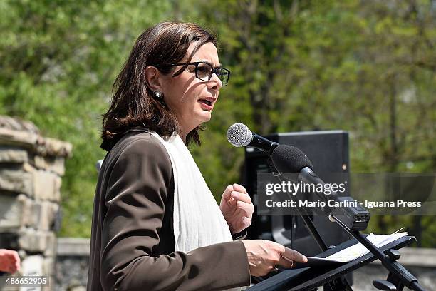 Italian President of the Chamber of Deputies Laura Boldrini attends the celebration for Liberation at Monte Sole di Marzabotto on April 25, 2014 in...