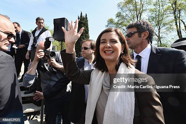 Italian President of the Chamber of Deputies Laura Boldrini attends the celebration for Liberation at Monte Sole di Marzabotto on April 25, 2014 in...