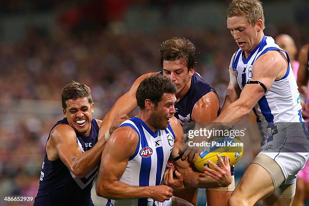 Sam Gibson of the Kangaroos looks to break from a tackle by Stephen Hill of the Dockers during the round six AFL match between the Fremantle Dockers...