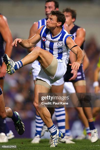 Brent Harvey of the Kangaroos has a shot on goal during the round six AFL match between the Fremantle Dockers and the North Melbourne Kangaroos at...