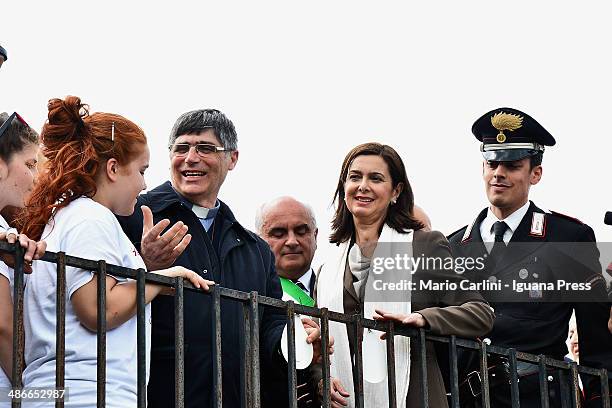 Don Maurizio Patriciello, parish priest of Caivano and Laura Boldrini President of the Chamber of Deputies attend the celebrations for the Liberation...