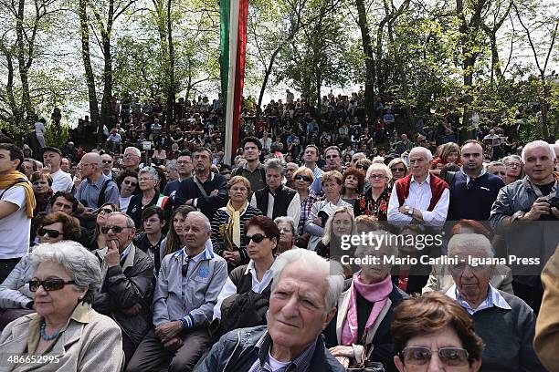 People attend the commemoration of the Liberation Day at Monte Sole di Marzabotto on April 25, 2014 in Bologna, Italy.