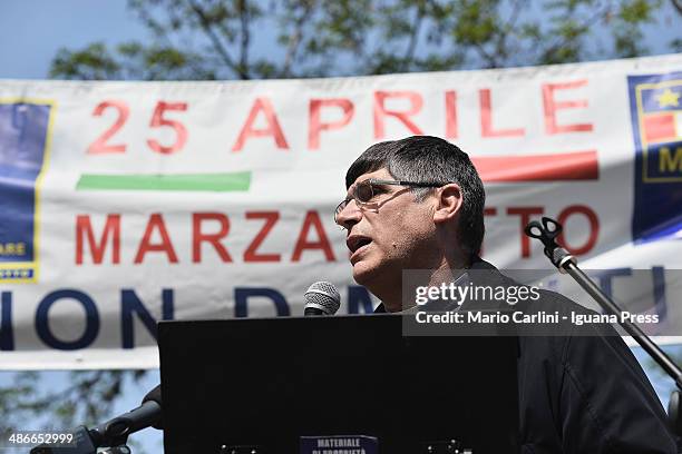 Don Maurizio Patriciello, parish priest of Caivano speaks during the celebrations for the Liberation at Monte Sole di Marzabotto on April 25, 2014 in...