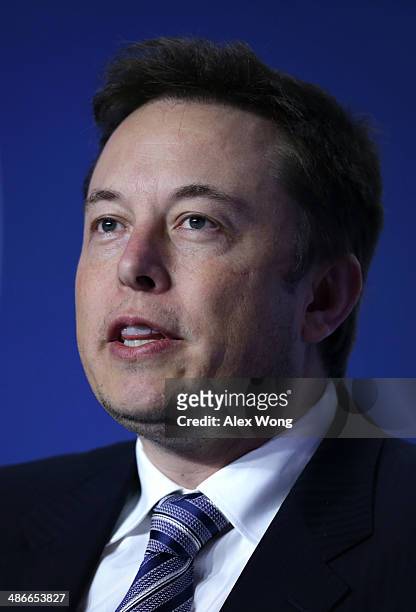 And chief designer of SpaceX Elon Musk speaks at the 2014 annual conference of the Export-Import Bank April 25, 2014 in Washington, DC. The two-day...