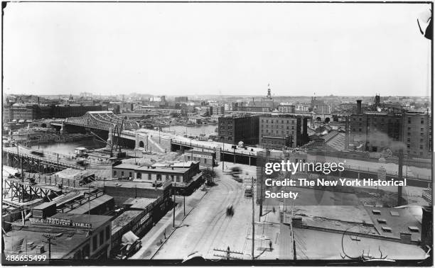 Third Avenue Bridge over the Harlem River, viewed from the southwest, New York, New York, late 1900s or early 1910s. JL Mott Iron Works visible on...