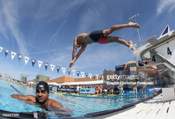 Michael Weiss competes in the Men's 400m IM prelim during day two of the Arena Grand Prix at the Skyline Aquatic Center on April 25, 2014 in Mesa,...