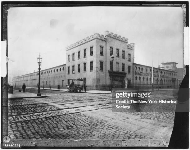 General exterior view of the first Madison Square Garden circa 1879-1890 in New York, New York.