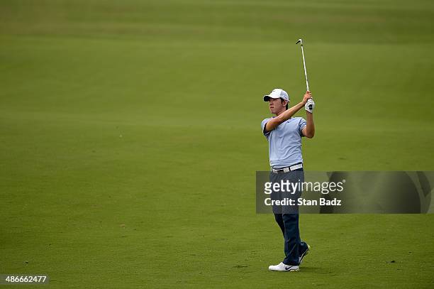 Seung-Yul Noh plays a shot on the 18th during Round Two of the Zurich Classic of New Orleans at TPC Louisiana on April 25, 2014 in Avondale,...