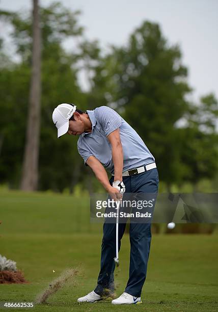 Seung-Yul Noh plays a shot on the 17th during Round Two of the Zurich Classic of New Orleans at TPC Louisiana on April 25, 2014 in Avondale,...