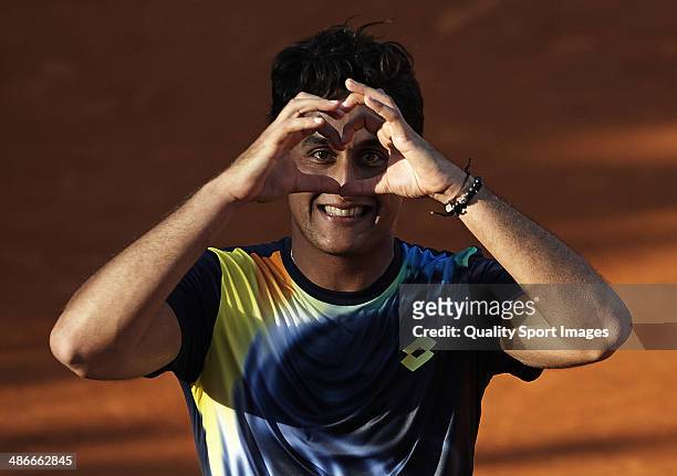 Nicolas Almagro of Spain celebrates defeating Rafael Nadal of Spain during day five of the ATP Barcelona Open Banc Sabadell at the Real Club de Tenis...