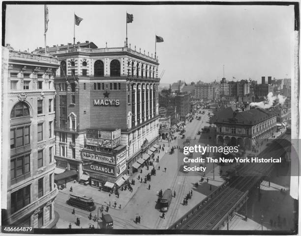 High-angle view of Macy's, Herald Square, Broadway and 34th Street, New York, New York, 1895.