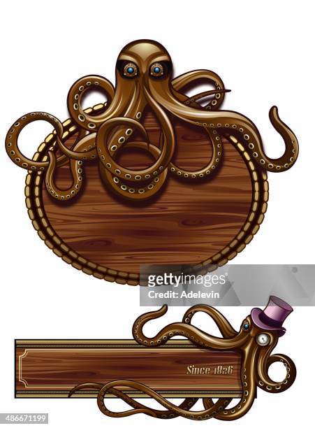 octopus steampunk emblem - sea monster stock illustrations