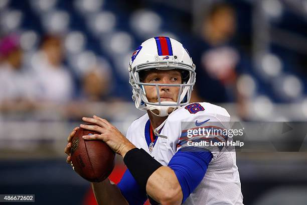 Matt Simms of the Buffalo Bills warms up prior to the start of the preseason game against the Detroit Lions on September 3, 2015 at Ford Field...