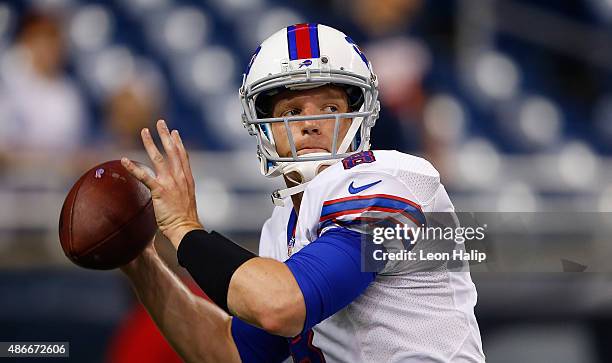 Matt Simms of the Buffalo Bills warms up prior to the start of the preseason game against the Detroit Lions on September 3, 2015 at Ford Field...