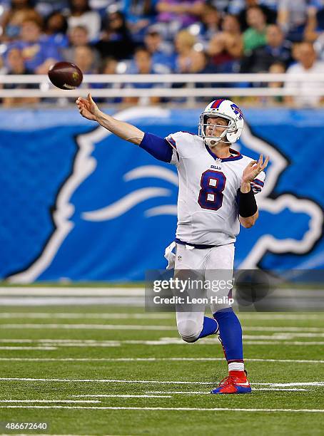 Matt Simms of the Buffalo Bills drops back to pass during the preseason game against the Detroit Lions on September 3, 2015 at Ford Field Detroit,...