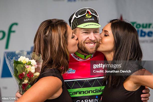 Ryder Hesjedal of the Cannondale-Garmin Pro Cycling Team takes over the best Canadian jersey after stage 3 of the Tour of Alberta on September 4,...