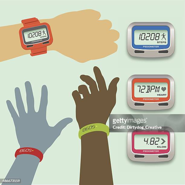 pedometer concepts with steps, heart rate and distance displays - pedometer stock illustrations