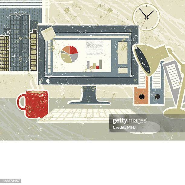 computer in the office horizontal - looking through office window stock illustrations