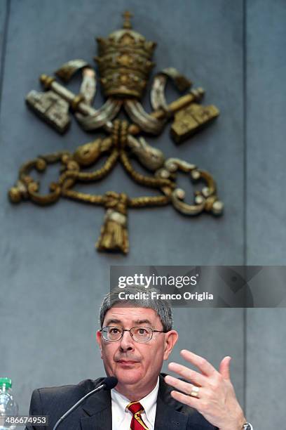 Pope John Paul II's official biographer George Weigel attends a press conference on the Canonization of Pope John Paul II and Pope John XXIII at the...