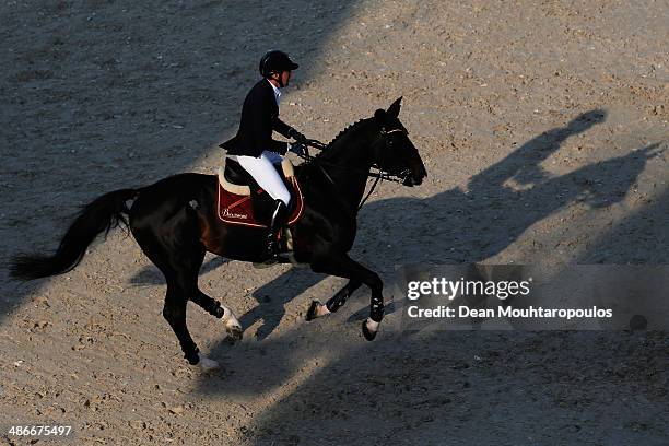 Simon Delestre of France on Qlassic Bois Margot competes in the CSI5* Table A with one jump-off against the clock during day 2 of the Longines Global...