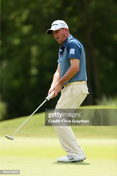 Matt Bettencourt misses his putt on the 4th during Round Two of the Zurich Classic of New Orleans at TPC Louisiana on April 25, 2014 in Avondale,...