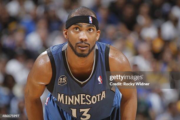 Corey Brewer of the Minnesota Timberwolves during a game against the Golden State Warriors on April 14, 2014 at Oracle Arena in Oakland, California....