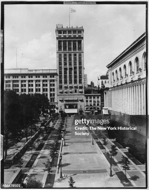 Bryant Park viewed from 40th Street looking north toward Aeolian Hall, New York, New York, 1895. Rear facade of New York Public Library visible.