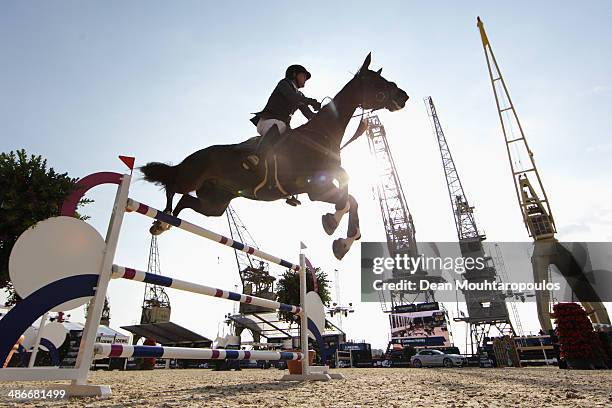 Cameron Hanley of Ireland on Amira competes in the CSI5* Table A with one jump-off against the clock during day 2 of the Longines Global Champions...
