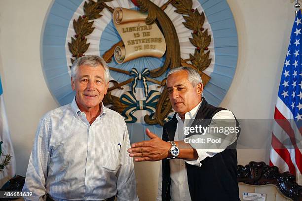 Defense Secretary Chuck Hagel meets with President of Guatemala Otto Perez Molina on April 25, 2014 in Guatemala City, Guatemala. Hagel is on a...