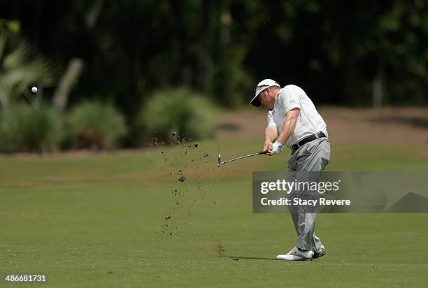 Andrew Svoboda takes his shot on the 10th during Round Two of the Zurich Classic of New Orleans at TPC Louisiana on April 25, 2014 in Avondale,...