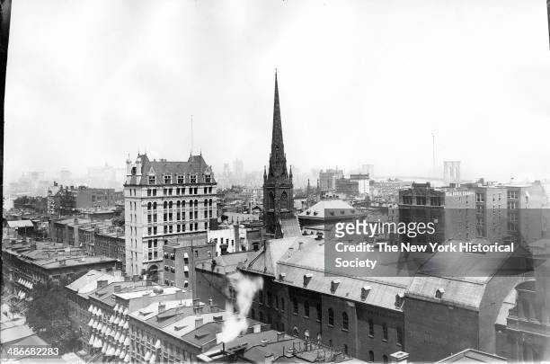 Rooftop view of Brooklyn Heights, Brooklyn, New York, New York, 1895. Remsen Street, Holy Trinity Church, and the old Academy of Music visible.