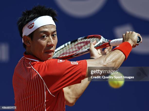 Kei Nishikori of Japan in action against Marin Cilic of Croatia during day five of the ATP Barcelona Open Banc Sabadell at the Real Club de Tenis...