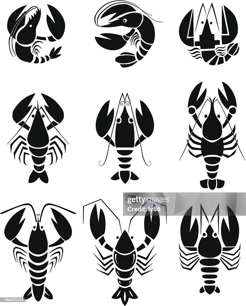 Set of 9 Lobster icons in black