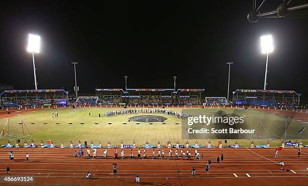 General view as athletes enter the arena during the Opening Ceremony of the Vth Commonwealth Youth Games at Apia Park on September 5, 2015 in Apia,...