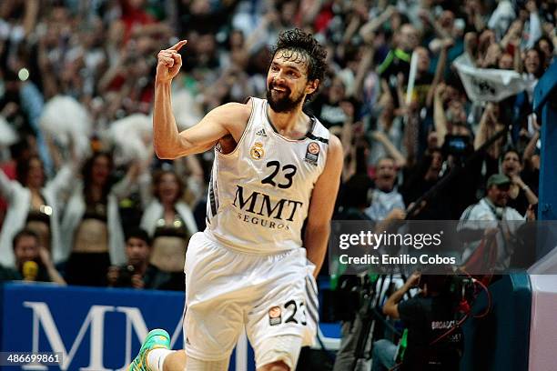 Sergio Llull, #23 of Real Madrid celebrates during the Turkish Airlines Euroleague Basketball Play Off Game 5 between Real Madrid v Olympiacos...