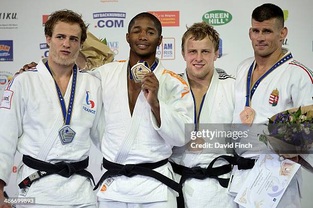 Under 73kg medallists : Silver: Ugo Legrand of France, Gold: Dex Elmont of the Netherlands, Bronzes: Rok Draksic of Slovenia and Miklos Ungvari of...